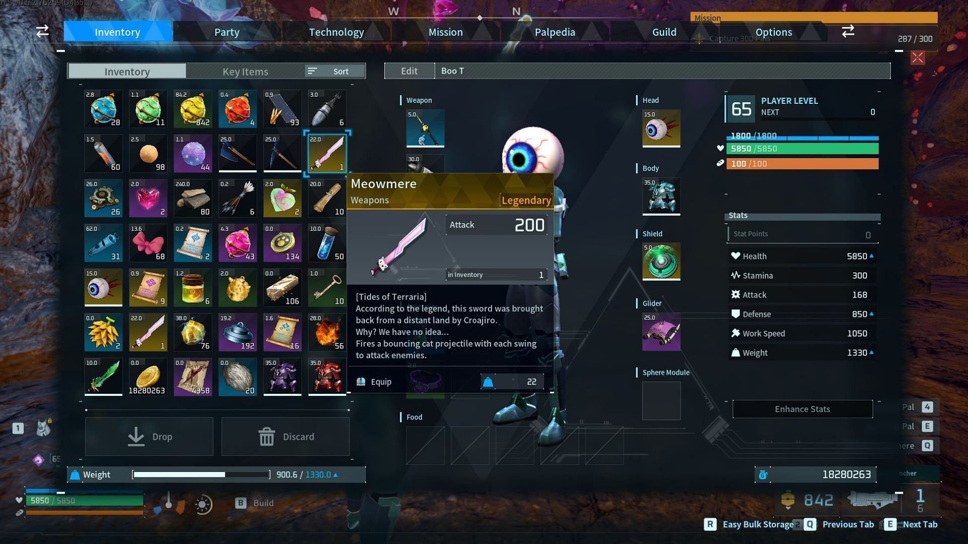 The Meowmere Legendary sword in Palworld (Image via Pocketpair)